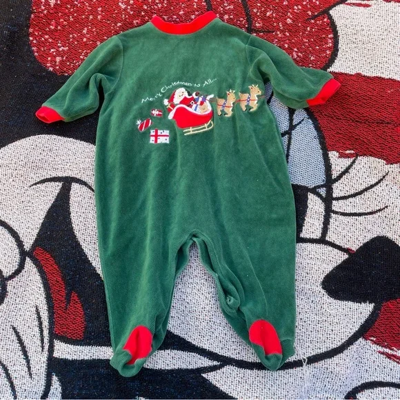 Little Me Pajamas Vintage Little Me Green Velour Santa Sleigh